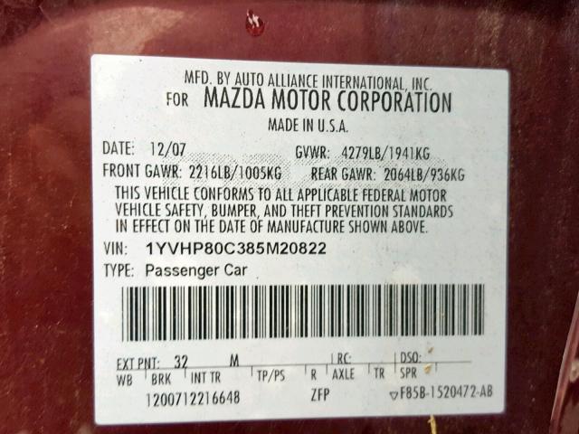 1YVHP80C385M20822 - 2008 MAZDA 6 I MAROON photo 10