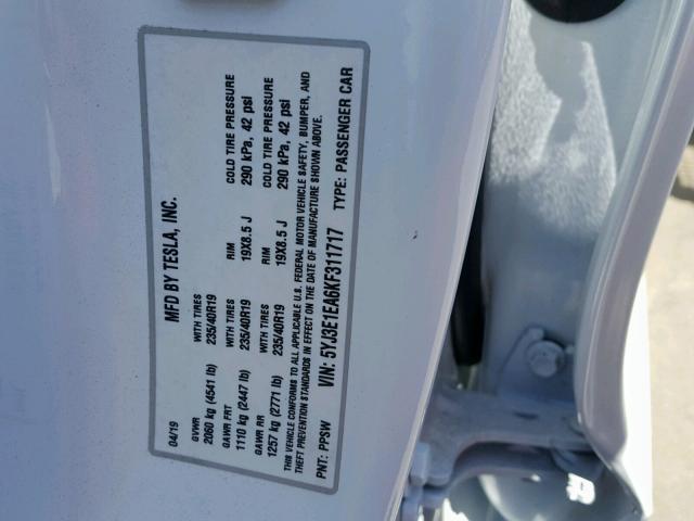 5YJ3E1EA6KF311717 - 2019 TESLA MODEL 3 WHITE photo 10