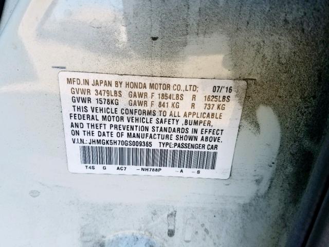 JHMGK5H70GS009365 - 2016 HONDA FIT EX WHITE photo 10