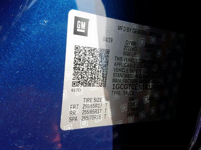 1GCGTCEN1K1290399 - 2019 CHEVROLET COLORADO L BLUE photo 10