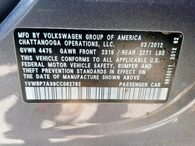 1VWBP7A39CC062762 - 2012 VOLKSWAGEN PASSAT SE GRAY photo 10