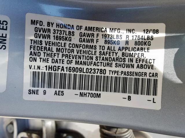 1HGFA16909L023780 - 2009 HONDA CIVIC EXL 银色 照片 10