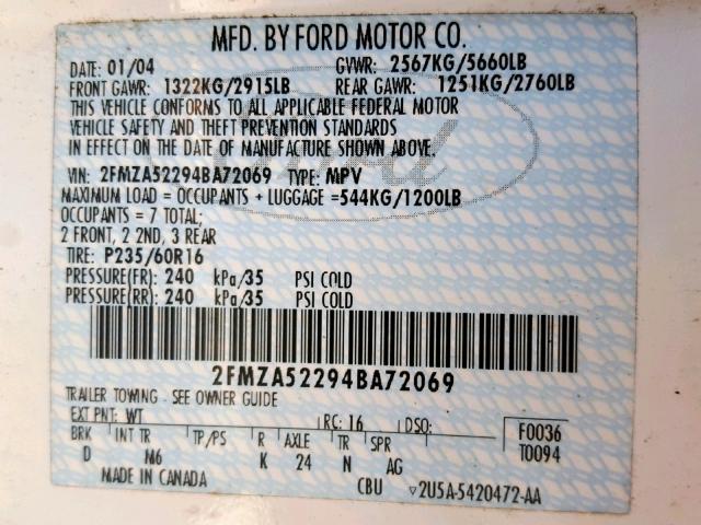 2FMZA52294BA72069 - 2004 FORD FREESTAR S WHITE photo 10