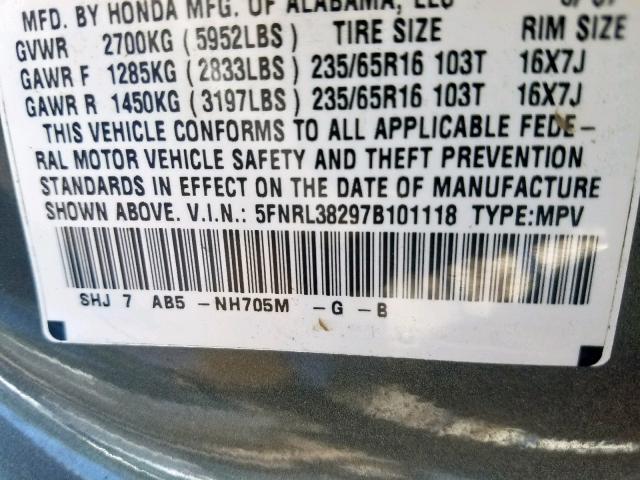 5FNRL38297B101118 - 2007 HONDA ODYSSEY LX GRAY photo 10