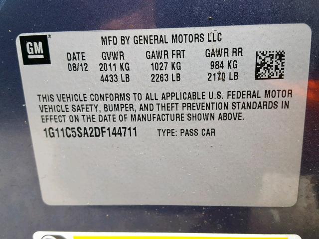 1G11C5SA2DF144711 - 2013 CHEVROLET MALIBU 1LT BLUE photo 10