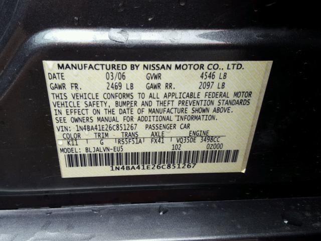 1N4BA41E26C851267 - 2006 NISSAN MAXIMA SE GRAY photo 10