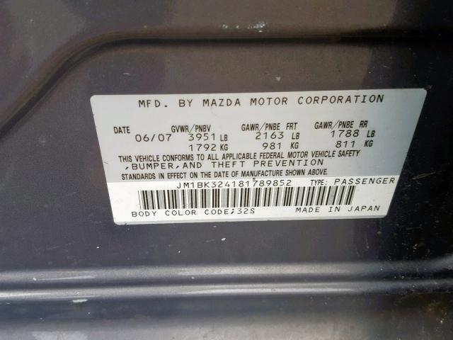 JM1BK324181789852 - 2008 MAZDA 3 S GRAY photo 10