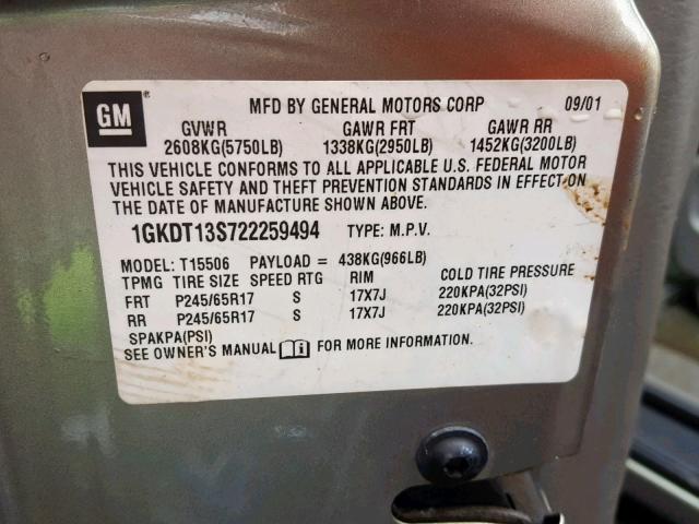 1GKDT13S722259494 - 2002 GMC ENVOY TAN photo 10