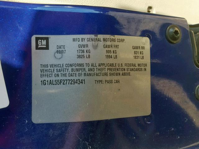 1G1AL55F277294341 - 2007 CHEVROLET COBALT LT BLUE photo 10