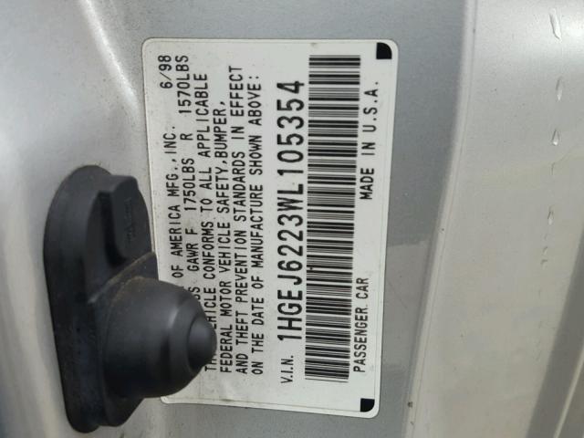 1HGEJ6223WL105354 - 1998 HONDA CIVIC DX SILVER photo 10