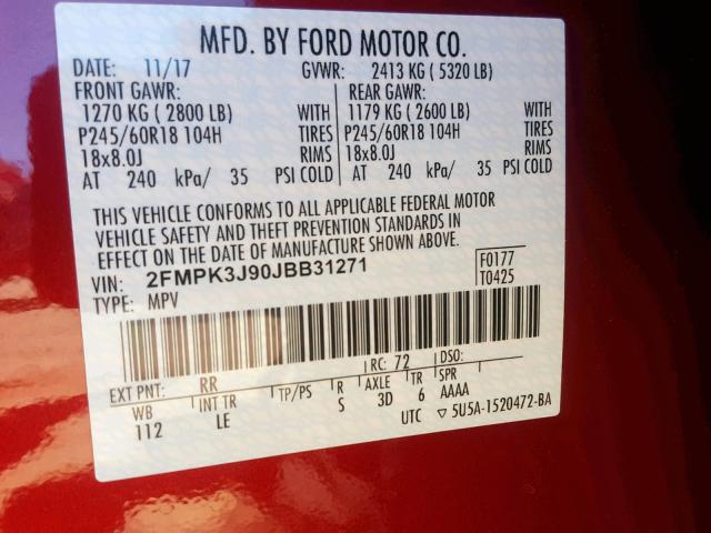 2FMPK3J90JBB31271 - 2018 FORD EDGE SEL RED photo 10