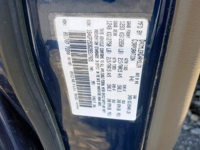 1B4GP25362B517025 - 2002 DODGE CARAVAN SE BLUE photo 10