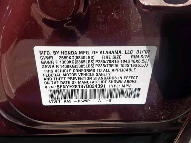 5FNYF28187B024391 - 2007 HONDA PILOT LX MAROON photo 10