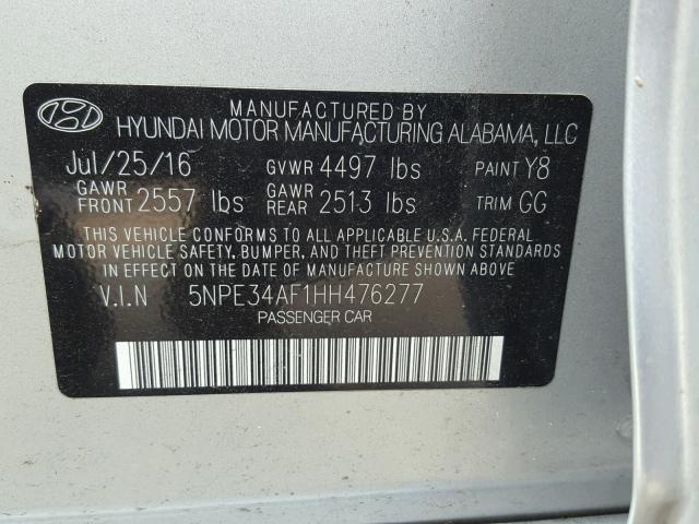 5NPE34AF1HH476277 - 2017 HYUNDAI SONATA SPO SILVER photo 10