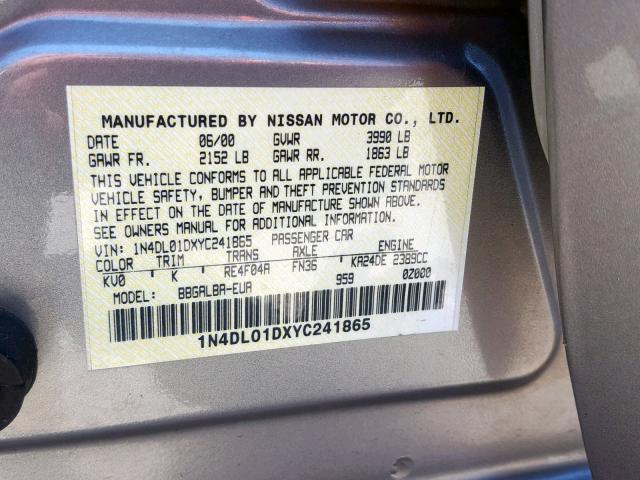 1N4DL01DXYC241865 - 2000 NISSAN ALTIMA XE BEIGE photo 10