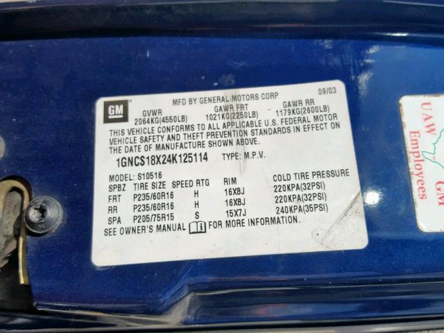 1GNCS18X24K125114 - 2004 CHEVROLET BLAZER BLUE photo 10