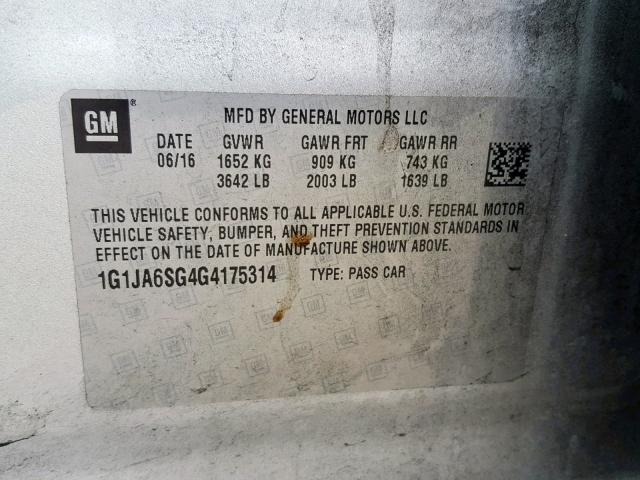 1G1JA6SG4G4175314 - 2016 CHEVROLET SONIC LS SILVER photo 10