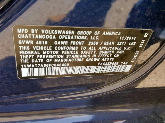 1VWAT7A36FC048409 - 2015 VOLKSWAGEN PASSAT S BLUE photo 10