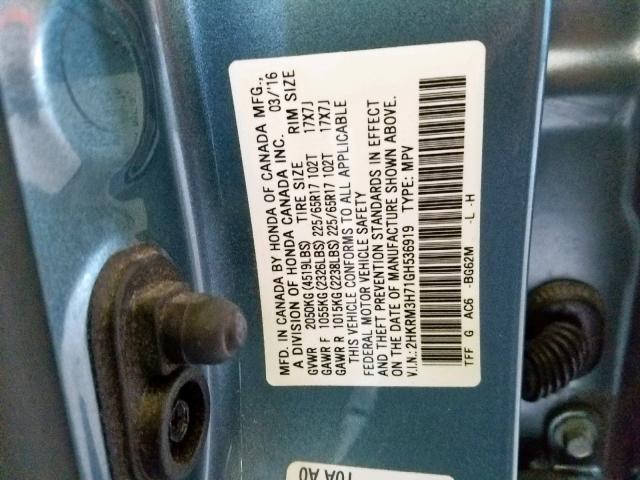 2HKRM3H71GH536919 - 2016 HONDA CR-V EXL BLUE photo 10