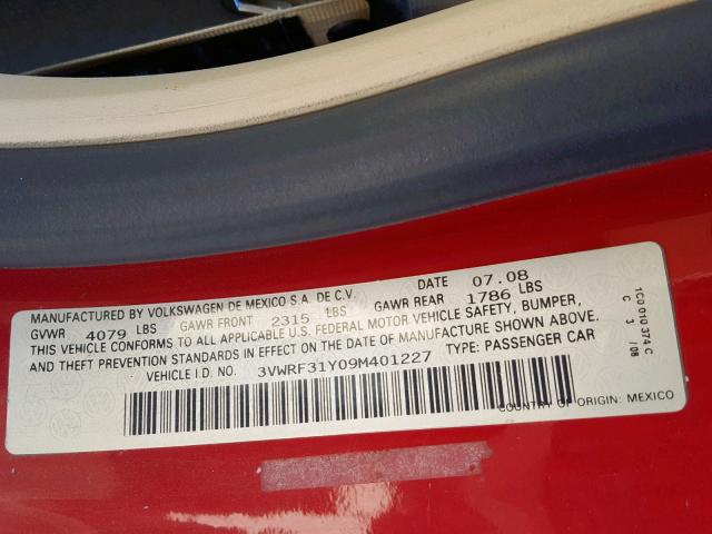 3VWRF31Y09M401227 - 2009 VOLKSWAGEN NEW BEETLE წითელი ფოტო 10