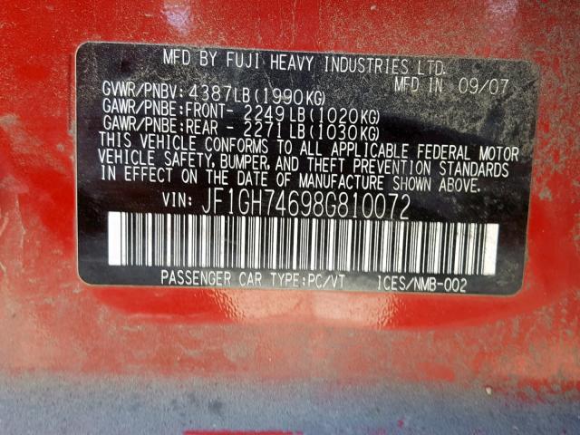 JF1GH74698G810072 - 2008 SUBARU IMPREZA WR RED photo 10