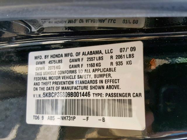 5KBCP36809B001446 - 2009 HONDA ACCORD EXL BLACK photo 10