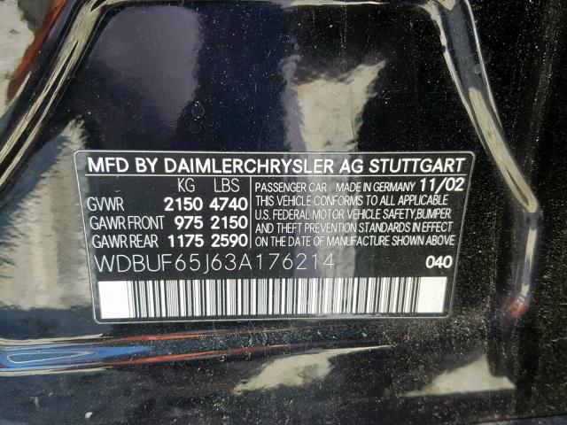 WDBUF65J63A176214 - 2003 MERCEDES-BENZ E 320 BLACK photo 10