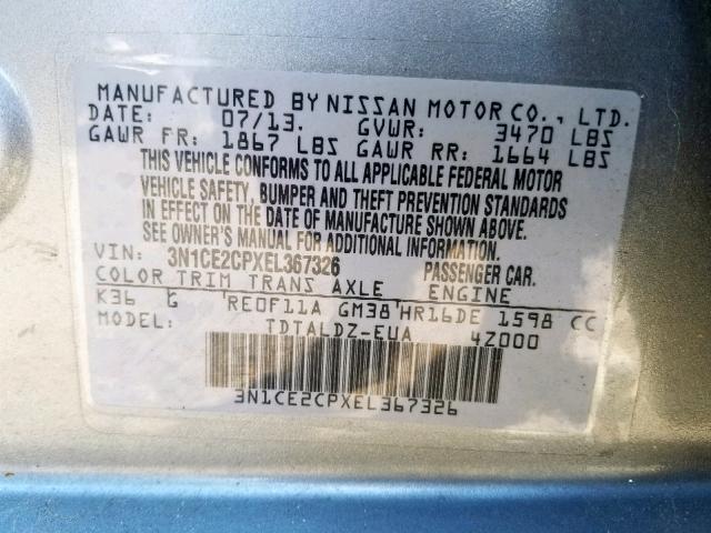 3N1CE2CPXEL367326 - 2014 NISSAN VERSA NOTE GRAY photo 10