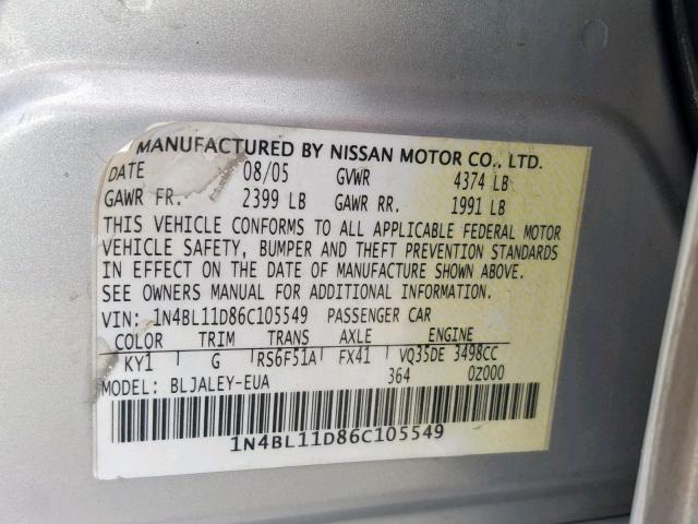 1N4BL11D86C105549 - 2006 NISSAN ALTIMA SE SILVER photo 10