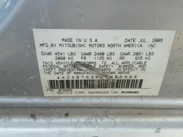 4A3AB76S06E006986 - 2006 MITSUBISHI GALANT GTS SILVER photo 10