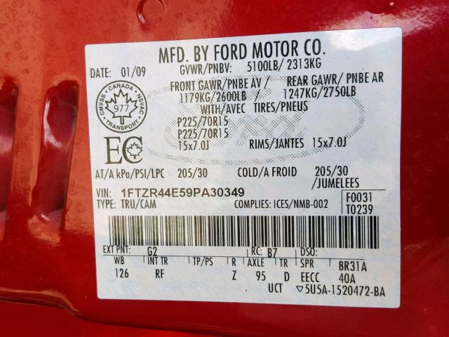 1FTZR44E59PA30349 - 2009 FORD RANGER SUP RED photo 10