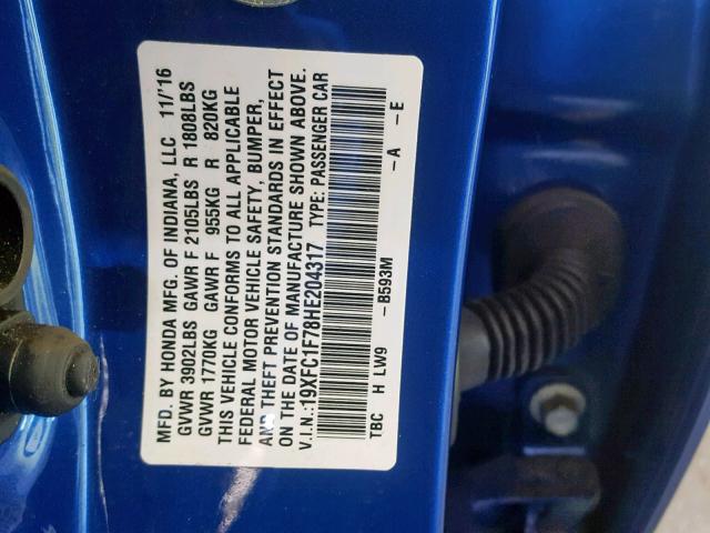 19XFC1F78HE204317 - 2017 HONDA CIVIC EXL BLUE photo 10