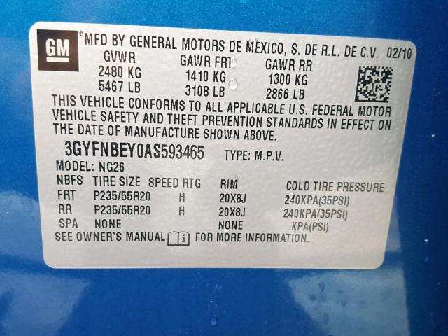 3GYFNBEY0AS593465 - 2010 CADILLAC SRX PERFOR ლურჯი ფოტო 10