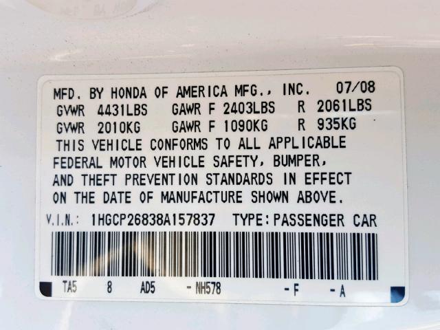 1HGCP26838A157837 - 2008 HONDA ACCORD EXL WHITE photo 10