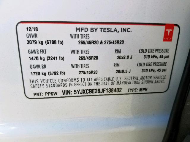 5YJXCBE28JF138402 - 2018 TESLA MODEL X WHITE photo 10