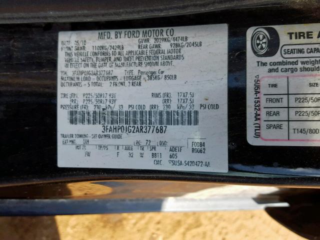 3FAHP0JG2AR377687 - 2010 FORD FUSION SEL BLACK photo 10