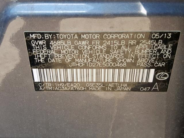 JTHCF1D27E5000468 - 2014 LEXUS IS 250 SILVER photo 10