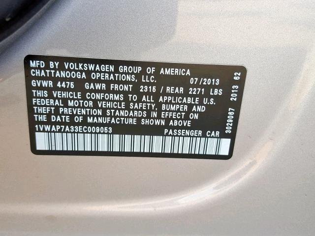 1VWAP7A33EC009053 - 2014 VOLKSWAGEN PASSAT S SILVER photo 10