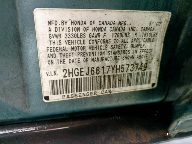 2HGEJ6617YH573749 - 2000 HONDA CIVIC BASE BLUE photo 10