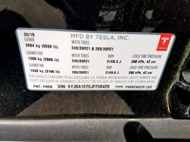 5YJSA1E25JF258426 - 2018 TESLA MODEL S BLACK photo 10