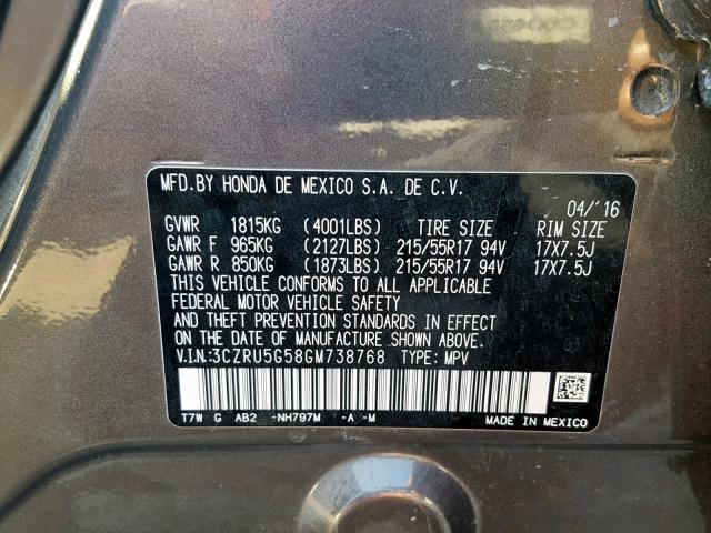 3CZRU5G58GM738768 - 2016 HONDA HR-V EX BLACK photo 10