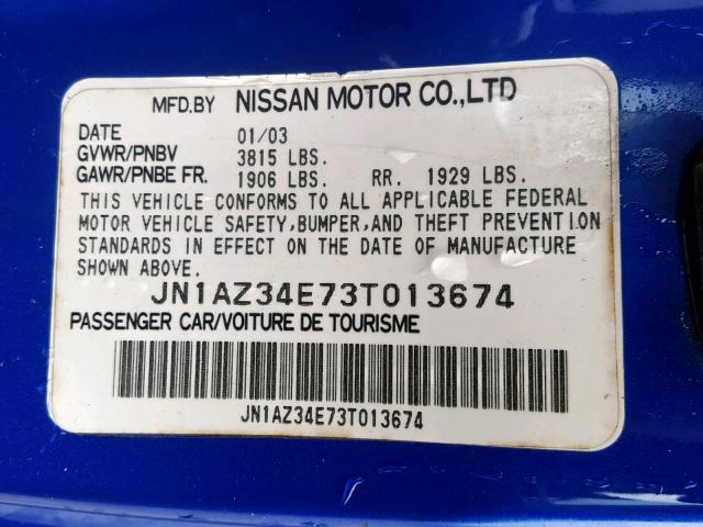 JN1AZ34E73T013674 - 2003 NISSAN 350Z COUPE BLUE photo 10