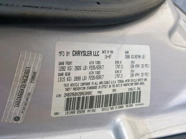 2A8GM68X28R630801 - 2008 CHRYSLER PACIFICA T SILVER photo 10