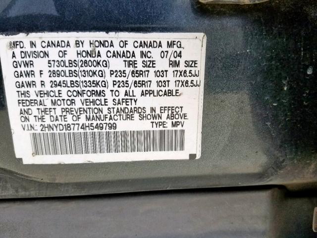 2HNYD18774H549799 - 2004 ACURA MDX TOURIN GRAY photo 10