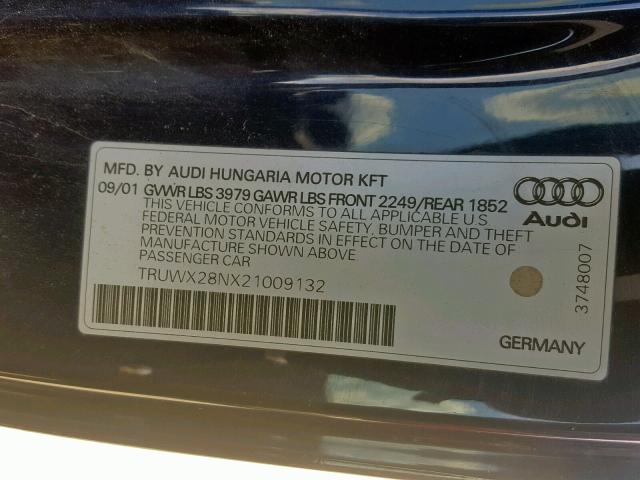 TRUWX28NX21009132 - 2002 AUDI TT QUATTRO BLUE photo 10