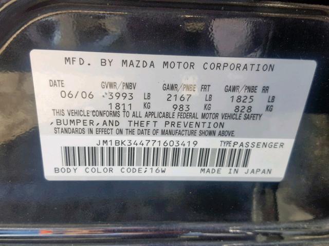 JM1BK344771603419 - 2007 MAZDA 3 HATCHBAC BLACK photo 10