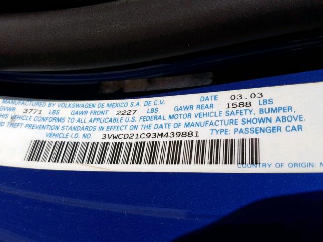 3VWCD21C93M439881 - 2003 VOLKSWAGEN NEW BEETLE ლურჯი ფოტო 10