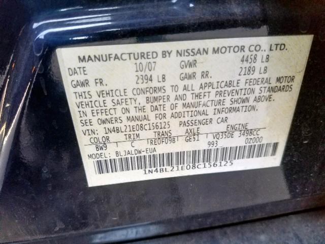 1N4BL21E08C156125 - 2008 NISSAN ALTIMA 3.5 BLUE photo 10