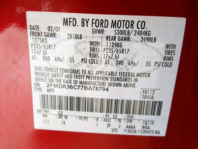 2FMDK36C77BA78794 - 2007 FORD EDGE SE RED photo 10