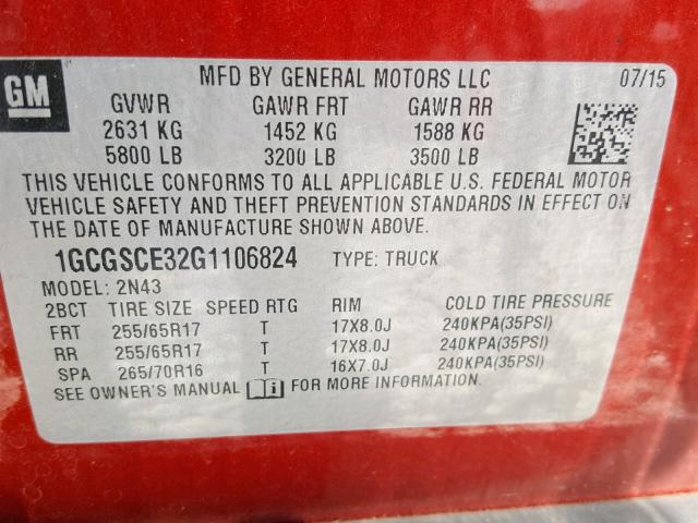 1GCGSCE32G1106824 - 2016 CHEVROLET COLORADO L RED photo 10